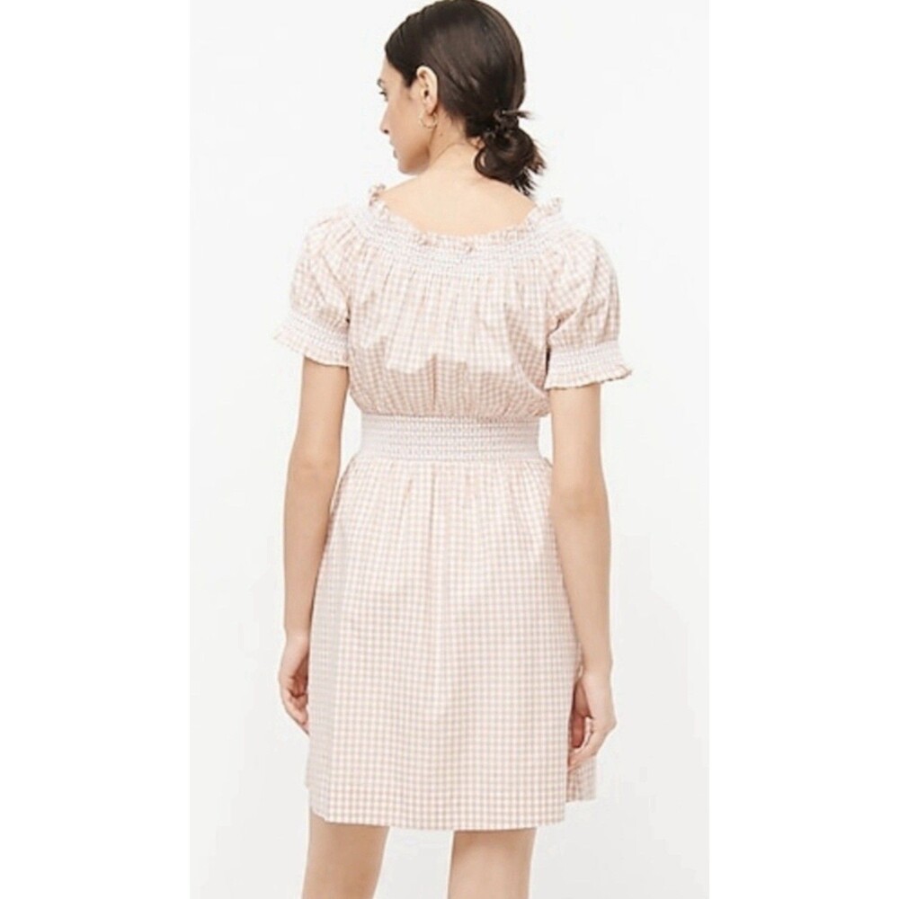 J.Crew Smocked 100% Cotton Puff-Sleeve Lined Poplin Dress Tan White Gingham Sz M - Picture 3 of 16
